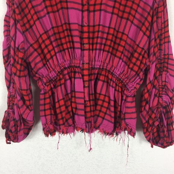 Free People Pacific Dawn Red Pink Drawstring Plaid Shirt Medium - Picture 12 of 14